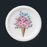 Assiettes En Carton Cône rose Sakura crème glacée gaufre<br><div class="desc">Cône gaufre douce avec fleurs de cerisier japonais rose frais sur arrière - plan blanc avec stries d'aquarelle bleue. Cerise japonaise rose.</div>