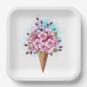 Assiettes En Carton Cône rose Sakura crème glacée gaufre