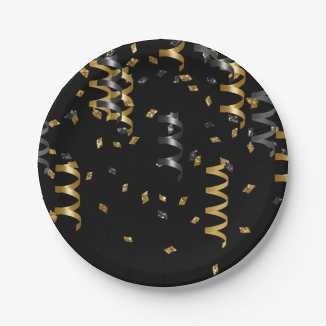 Assiettes En Carton Confetti Black Gold Celebration Moderne Chic Fun (Devant)
