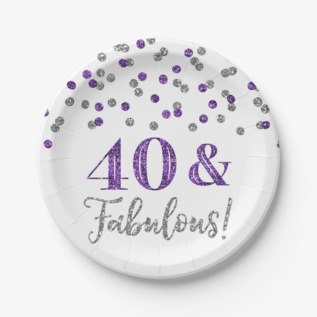 Assiettes En Carton Confetti d'argent mauve 40 et fabuleux anniversair (Devant)