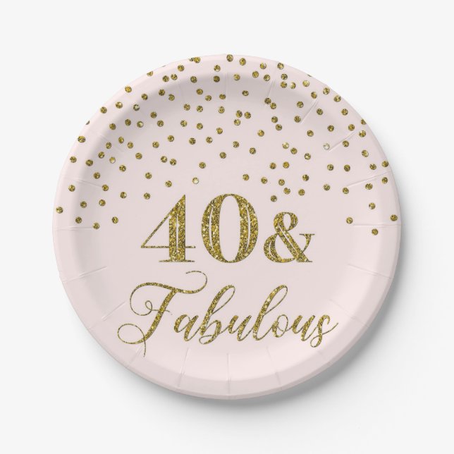 Assiettes En Carton Confetti d'or noir rose 40e anniversaire (Devant)