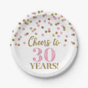 Assiettes En Carton Confetti d'or rose : 30 ans d'anniversaire