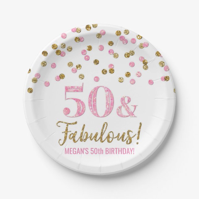 Assiettes En Carton Confetti d'or rose 50 et fabuleux anniversaire (Devant)