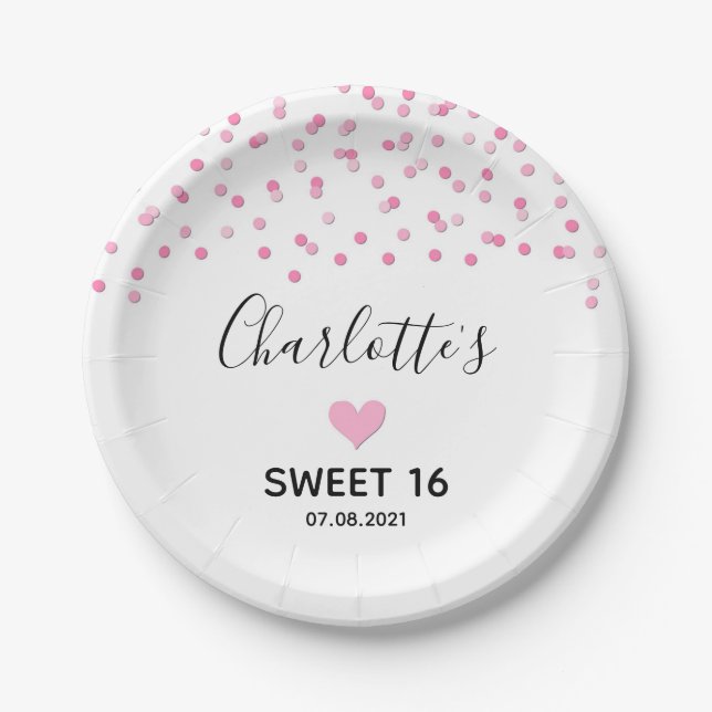Assiettes En Carton Confetti Doux rose 16 Anniversaire (Devant)