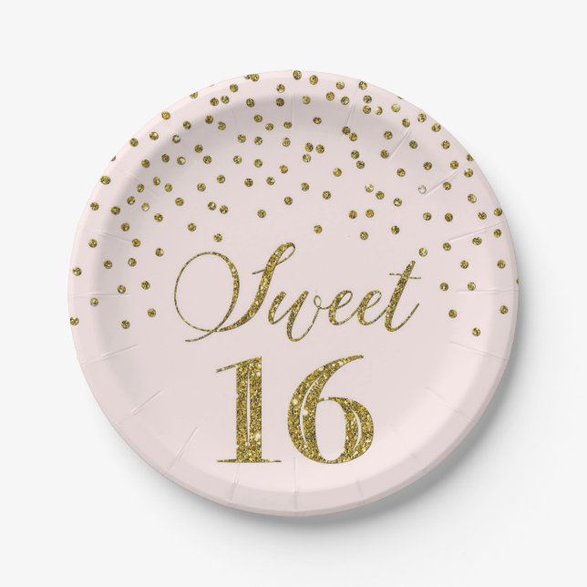 Assiettes En Carton Confetti Sweet 16 Anniversaire de Blush Pink Gold (Devant)