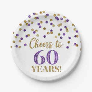 Assiettes En Carton Confetti violet doré, 60 ans d'anniversaire
