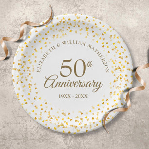Assiettes En Carton Confettis de cœurs d'amour dorés pour 50e annivers