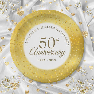 Assiettes En Carton Confettis de coeurs en feuille d'or pour 50e anniv