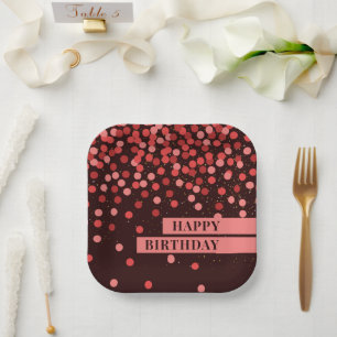 Assiettes En Carton Confettis Noir et Rouge Élégants Joyeux Anniversai