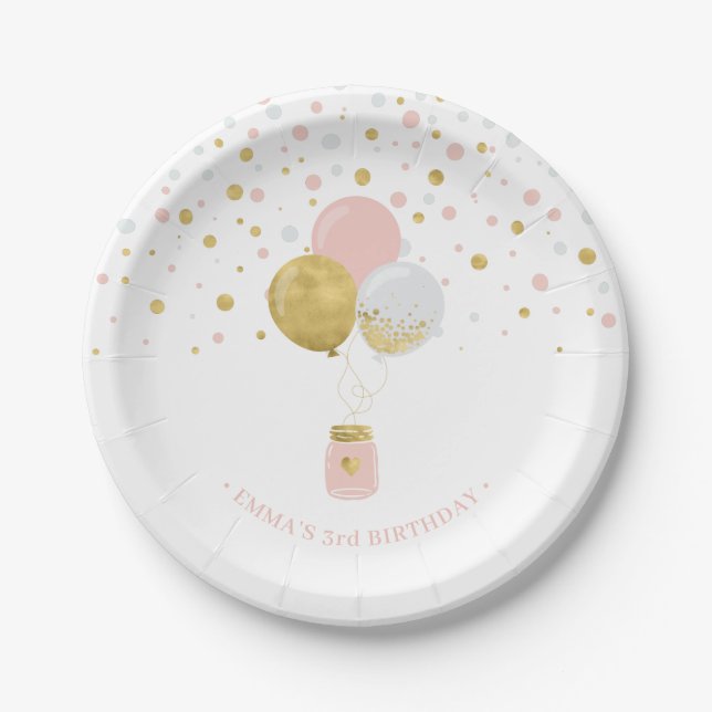 Assiettes En Carton Confettis Or et Rose, Ballons 1er Anniversaire (Devant)