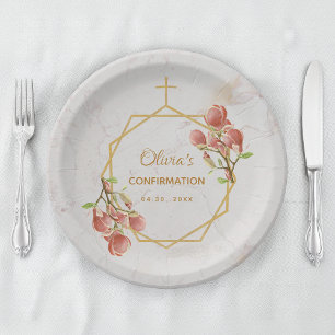 Assiettes En Carton Confirmation Fille Marbre rose Magnolia Géométriqu