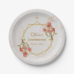Assiettes En Carton Confirmation Fille Marbre rose Magnolia Géométriqu