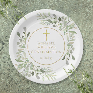 Assiettes En Carton Confirmation Fleurie de Végétal à l'Aquarelle et O
