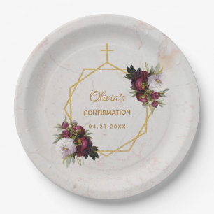 Assiettes En Carton Confirmation Floral Burgundy Peonies Marble Gold