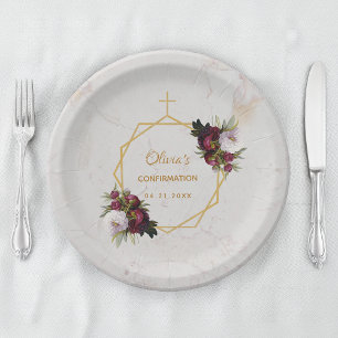 Assiettes En Carton Confirmation Floral Burgundy Peonies Marble Gold