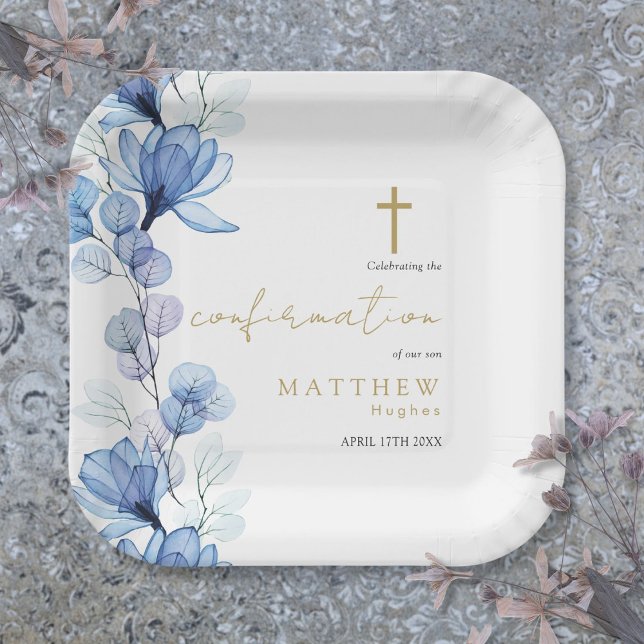 Assiettes En Carton Confirmation florale transparente en bleu Dusty (Dusty Blue Transparent Floral Confirmation Paper Plates)