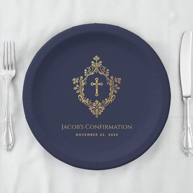 Assiettes En Carton Confirmation Garçon Marine Blue Faux Gold Cross Cr (Créateur téléchargé)
