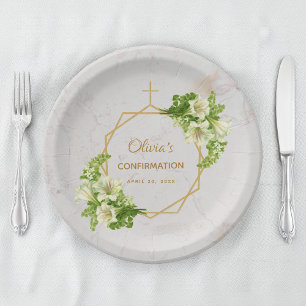 Assiettes En Carton Confirmation Marbre Blanc Lys Croix Dorée Florale