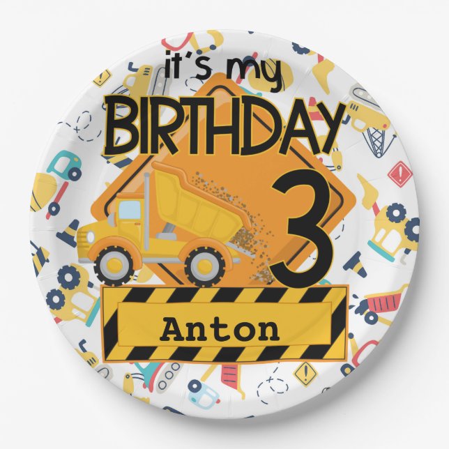 Assiettes En Carton Construction camions jaunes voiture 3e anniversair (Devant)