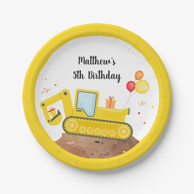 Assiettes En Carton Construction Truck Digger Garçon Anniversaire (Devant)