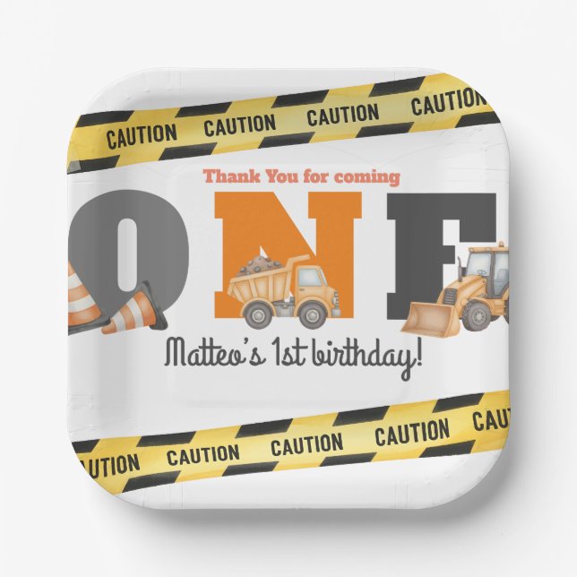 Assiettes En Carton Construction Vehicles First Birthday Dump Truck (Recto)