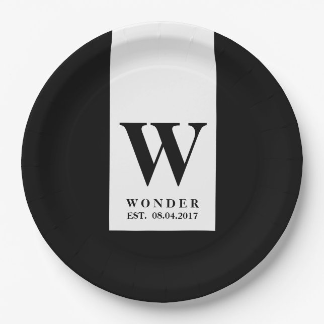 Assiettes En Carton Contemporary Black Monogram | Minimalist Wedding (Devant)