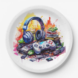 Assiettes En Carton Contrôleur vidéo et casques pour l'anniversaire du