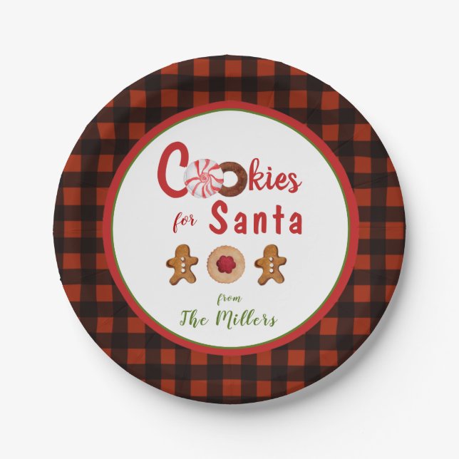 Assiettes En Carton Cookies mignons pour Père Noël rouge & noir plaid  (Devant)