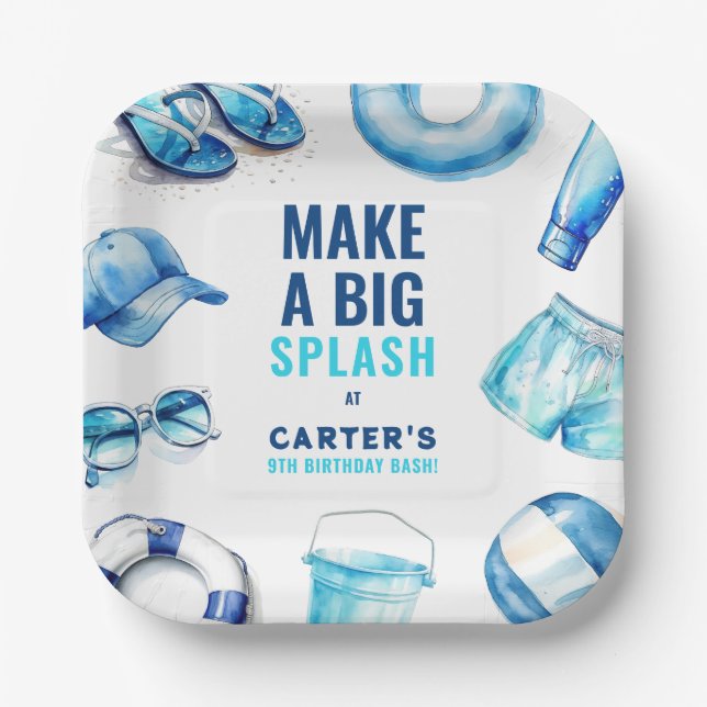 Assiettes En Carton Cool Blue Pool Party Summer Boys Anniversaire (Recto)