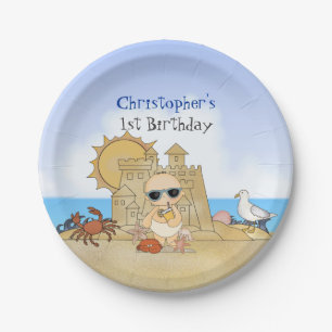 Assiettes En Carton Cool Boy Beach Baby and Sandcastle 1er anniversair