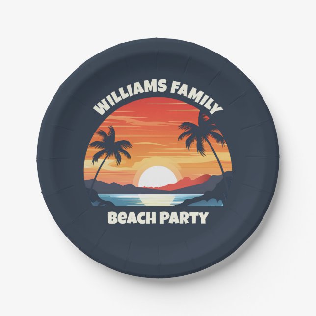 Assiettes En Carton Cool Custom Sunrise Palm Trees Beach Party Blue (Devant)