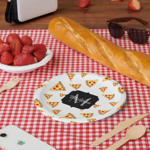 Assiettes En Carton Cool et fun pizza tranches motif Monogram blanc