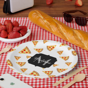 Assiettes En Carton Cool et fun pizza tranches motif Monogram blanc