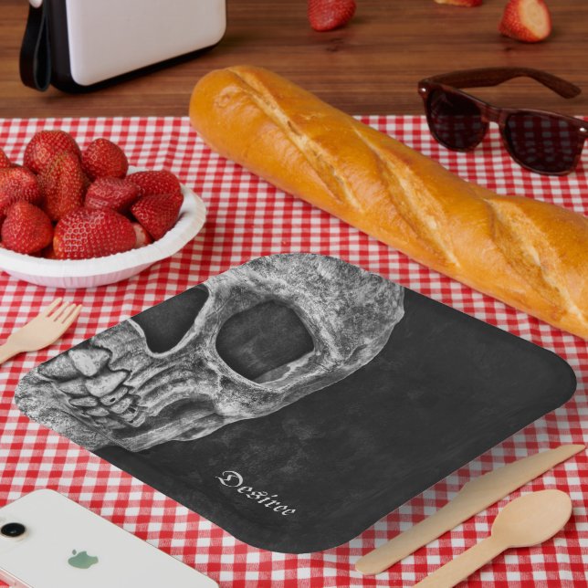 Assiettes En Carton Cool Gothique Moitié Crâne Noir et Blanc Grunge (Pique-nique)