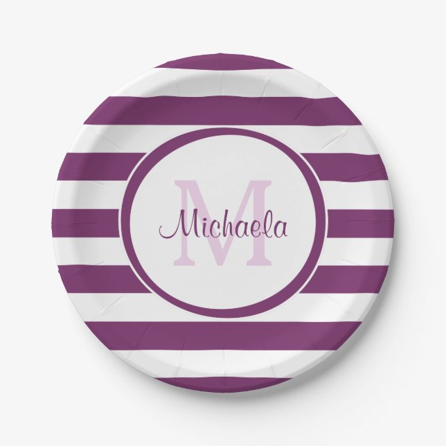 Assiettes En Carton Cool Solide Magenta Purple Stripes et Monogramme (Devant)