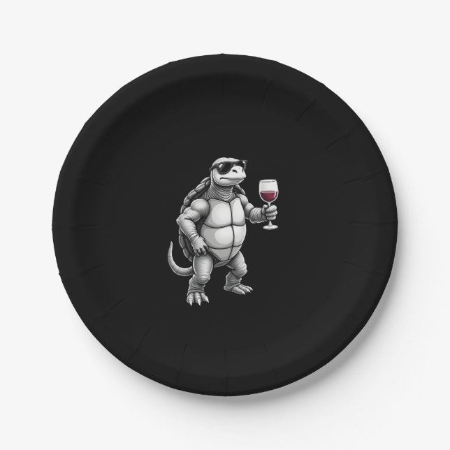 Assiettes En Carton cool turtle drinking red wine art print_1 (3) (Devant)