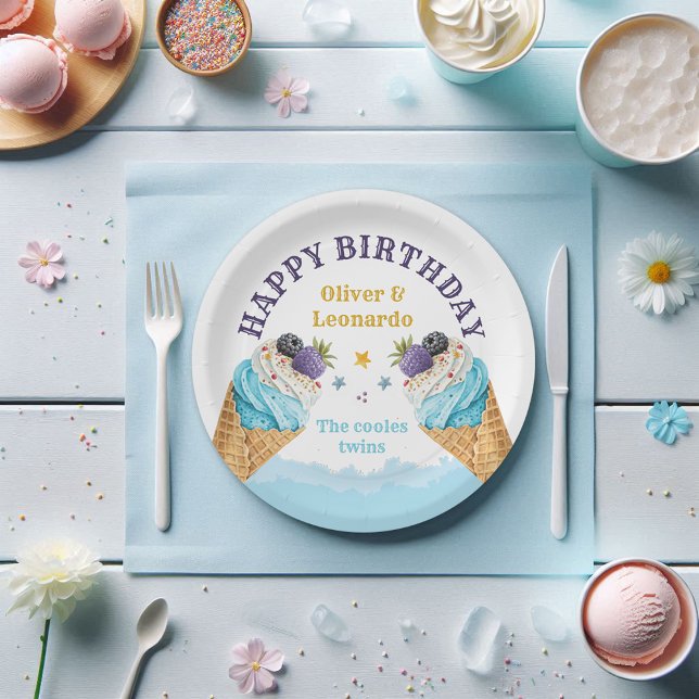 Assiettes En Carton Cool Twins Ice Cream Boys Anniversaire Papier Plaq (Créateur téléchargé)