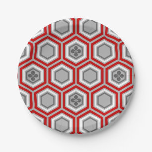 Assiettes En Carton Copie de kimono, rouge hexagonaux et gris/gris