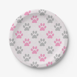Assiettes En Carton Copie rose et grise de pattes de chiot