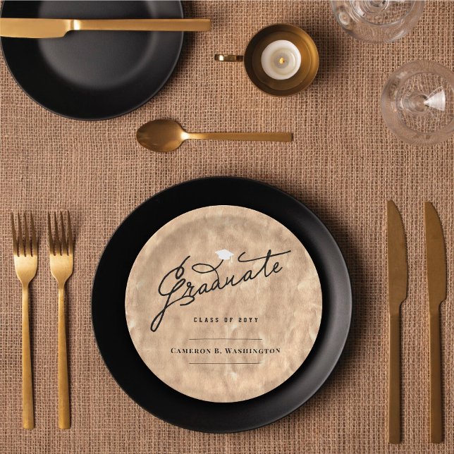 Assiettes En Carton Copper Foil Graduate Script élégant Par Graduation (Copper Faux Foil Stylish Graduate Script Graduation Party Paper Plates @ fatfatin)