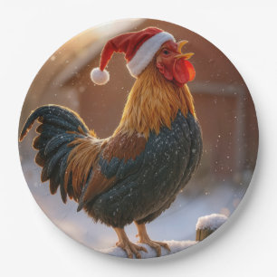 Assiettes En Carton Coq de Noël qui chante en portant un chapeau de Pè