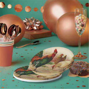 Assiettes En Carton Coq vintage de poulet tout plat de partie de but