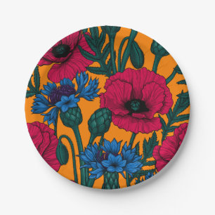 Assiettes En Carton Coquelicots rouges et fleurs bleues sur orange