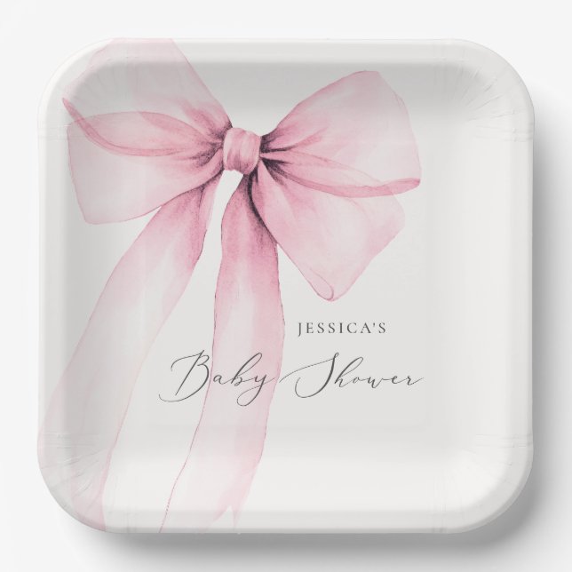 Assiettes En Carton Coquette Aquarelle Bow rose Baby shower Papier Pla (Recto)