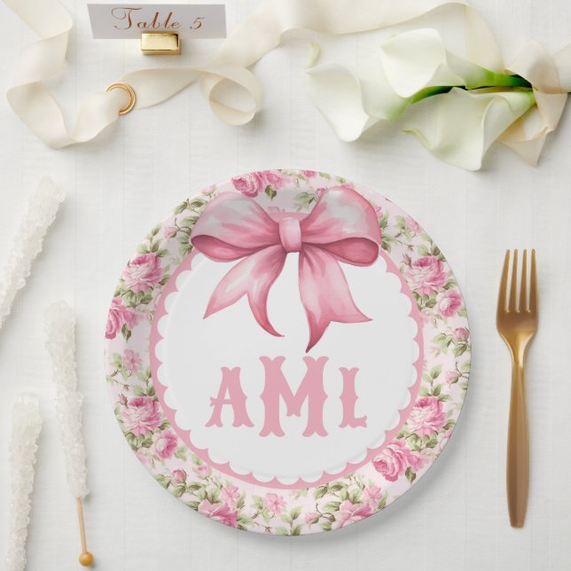 Assiettes En Carton Coquette Baby shower de la boîte rose Monogramme (Mariage)