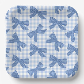 Assiettes En Carton Coquette bleu gingham et noeuds