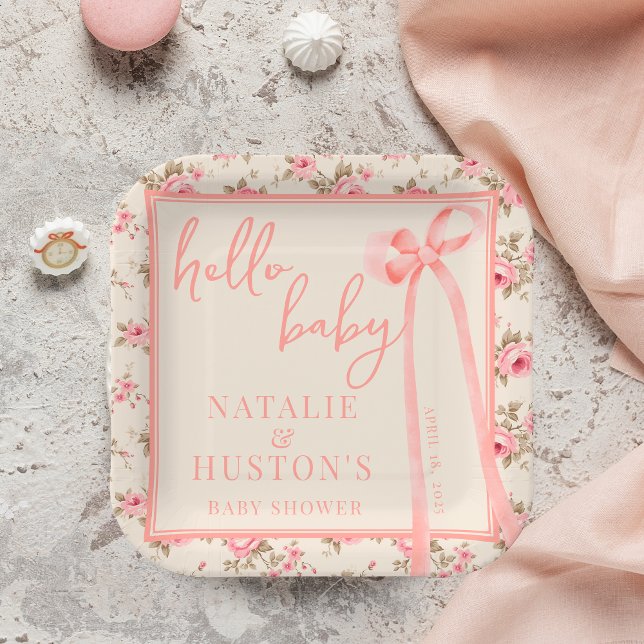 Assiettes En Carton Coquette Blush Pink Bow Floral Baby shower personn (Créateur téléchargé)