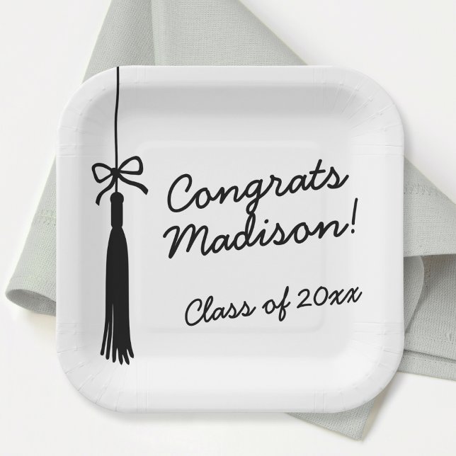 Assiettes En Carton Coquette Bow Grad Tassel Black & White Graduation (Coquette Bow Grad Tassel Black & White Graduation Paper Plates)
