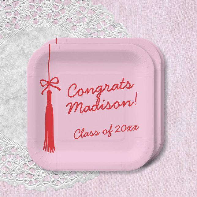 Assiettes En Carton Coquette Bow Grad Tassel Rose Red 2025 Graduation (Coquette Bow Grad Tassel Pink Red 2025 Graduation Paper Plates)