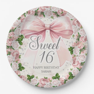 Assiettes En Carton Coquette Bow rose Floral Vintage Sweet 16
